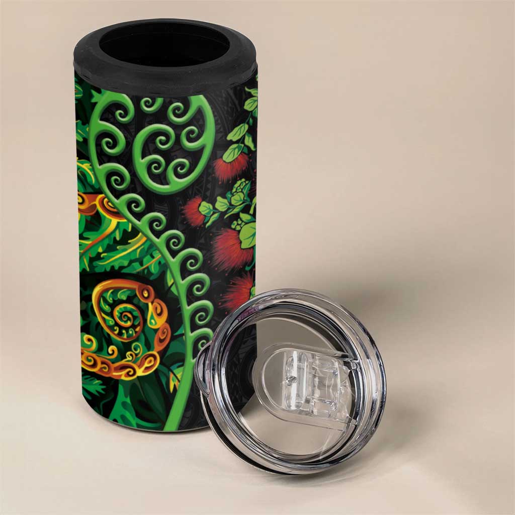 New Zealand Koru Plants and Pohutukawa 4 in 1 Can Cooler Tumbler Maori Tattoo Pattern