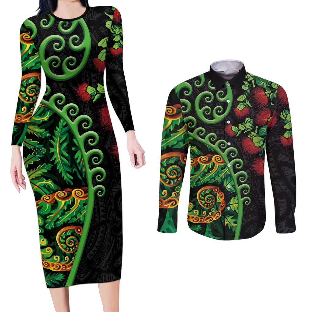 New Zealand Koru Plants and Pohutukawa Couples Matching Long Sleeve Bodycon Dress and Long Sleeve Button Shirt Maori Tattoo Pattern