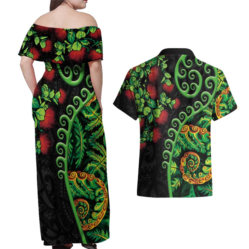 New Zealand Koru Plants and Pohutukawa Couples Matching Off Shoulder Maxi Dress and Hawaiian Shirt Maori Tattoo Pattern