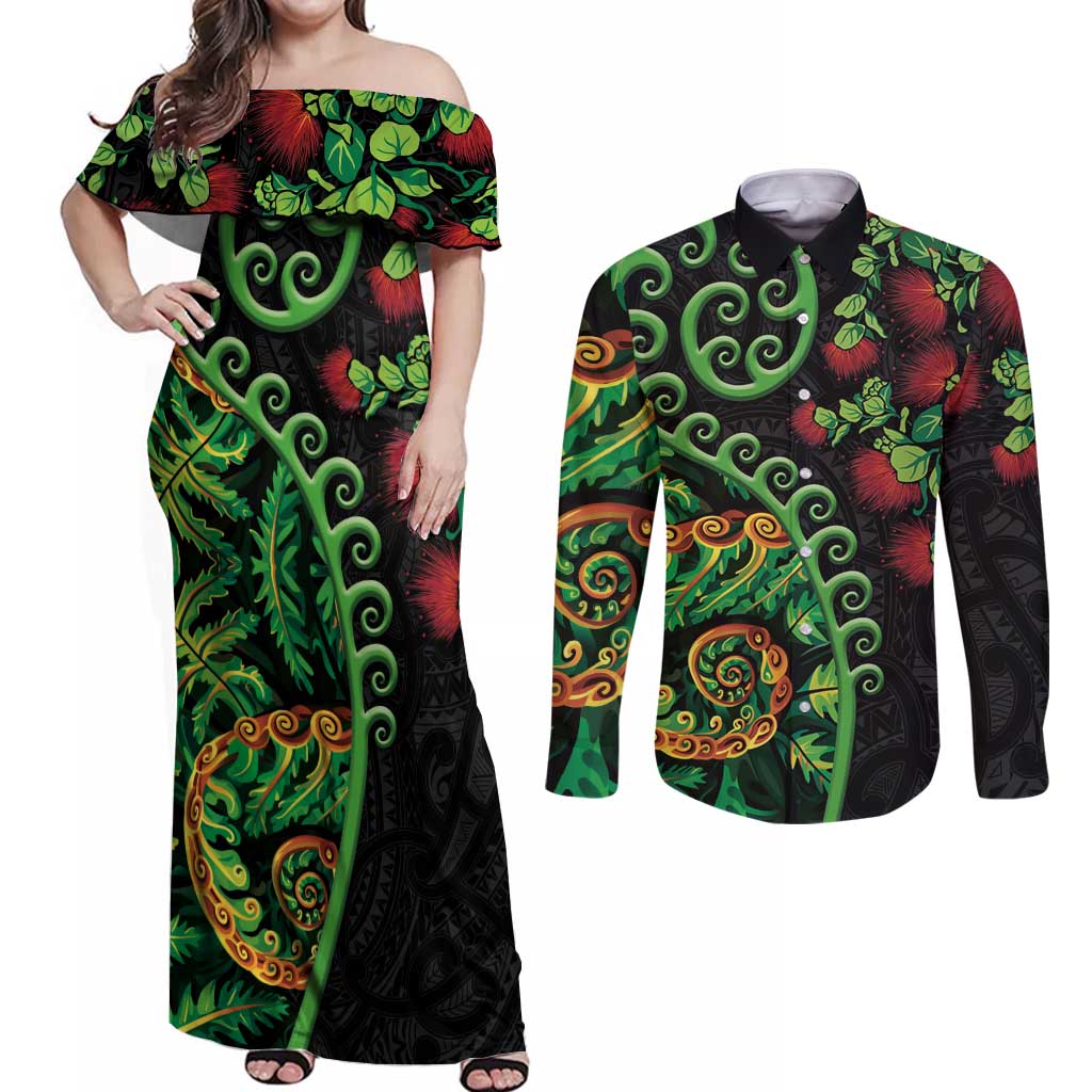 New Zealand Koru Plants and Pohutukawa Couples Matching Off Shoulder Maxi Dress and Long Sleeve Button Shirt Maori Tattoo Pattern