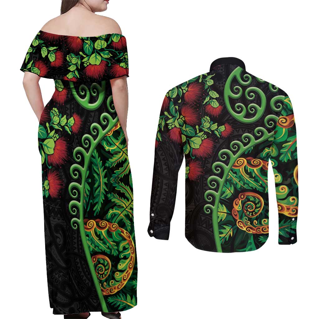 New Zealand Koru Plants and Pohutukawa Couples Matching Off Shoulder Maxi Dress and Long Sleeve Button Shirt Maori Tattoo Pattern