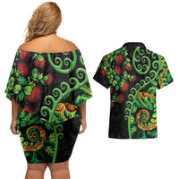New Zealand Koru Plants and Pohutukawa Couples Matching Off Shoulder Short Dress and Hawaiian Shirt Maori Tattoo Pattern