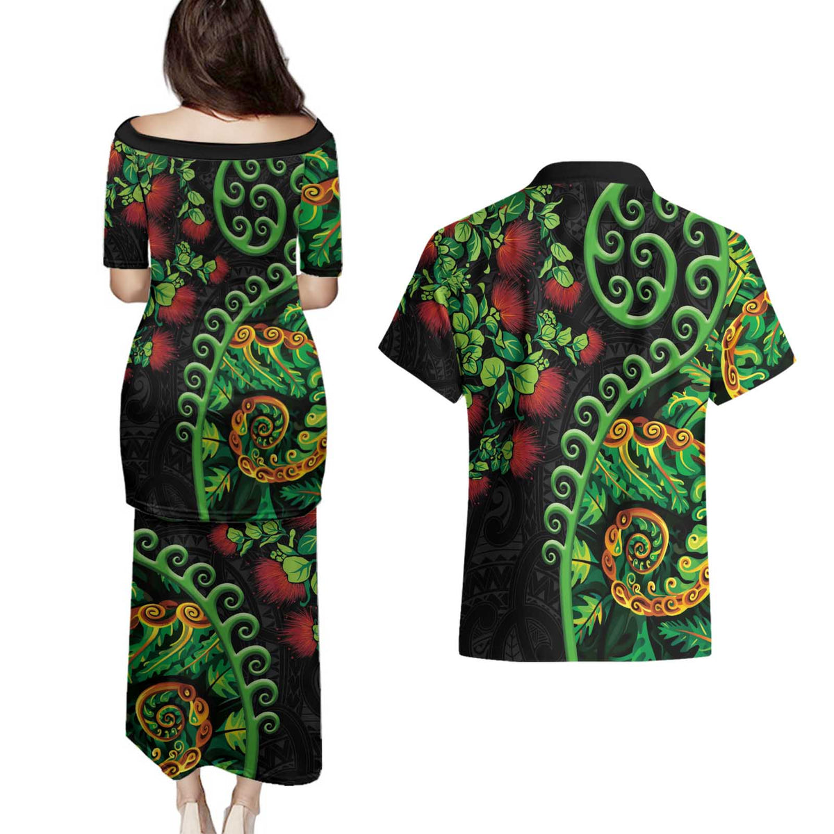 New Zealand Koru Plants and Pohutukawa Couples Matching Puletasi and Hawaiian Shirt Maori Tattoo Pattern