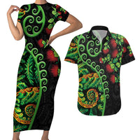 New Zealand Koru Plants and Pohutukawa Couples Matching Short Sleeve Bodycon Dress and Hawaiian Shirt Maori Tattoo Pattern