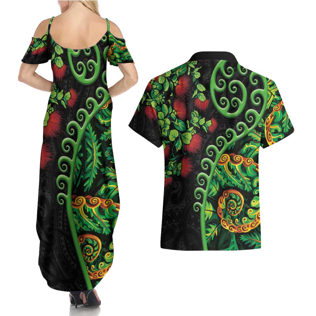New Zealand Koru Plants and Pohutukawa Couples Matching Summer Maxi Dress and Hawaiian Shirt Maori Tattoo Pattern