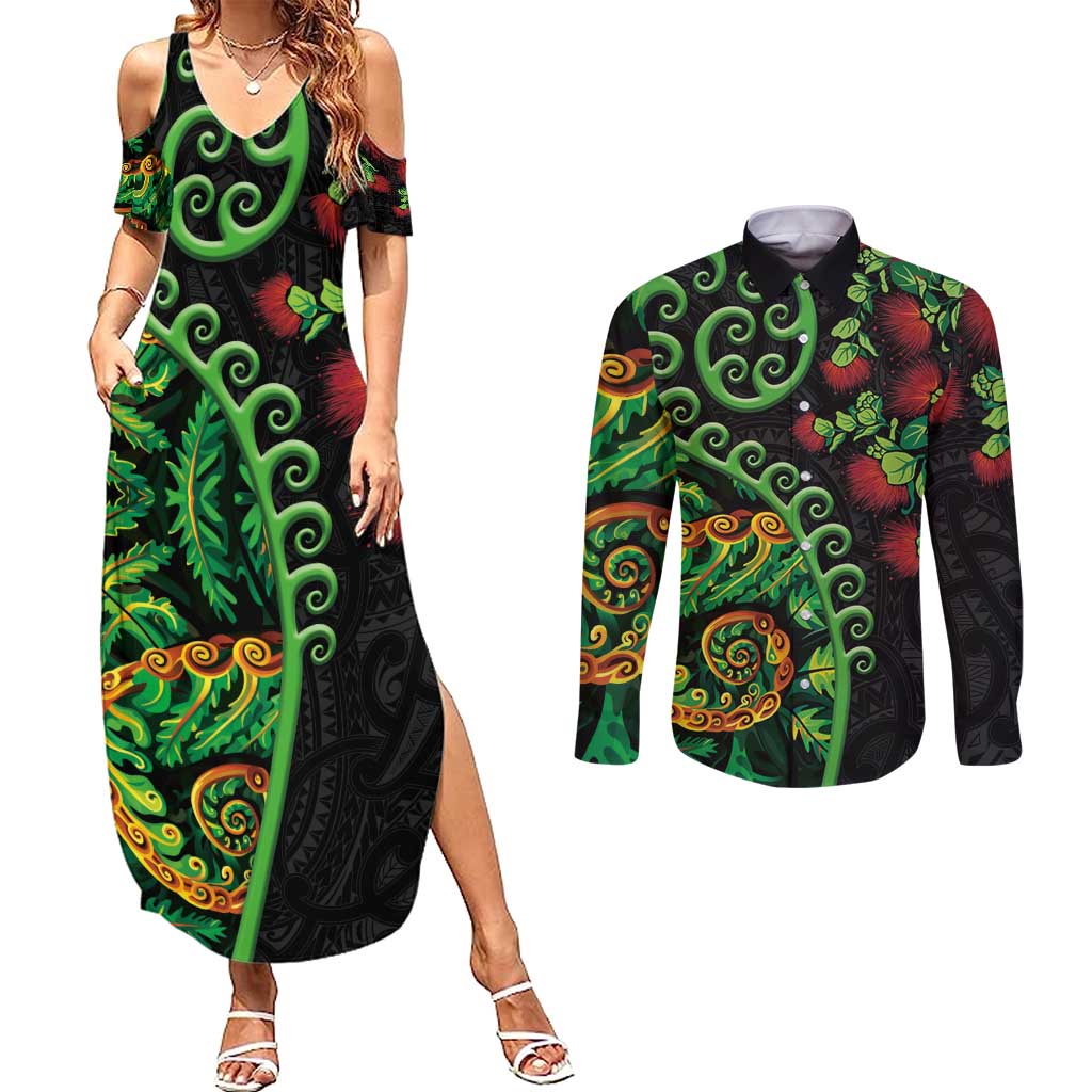 New Zealand Koru Plants and Pohutukawa Couples Matching Summer Maxi Dress and Long Sleeve Button Shirt Maori Tattoo Pattern