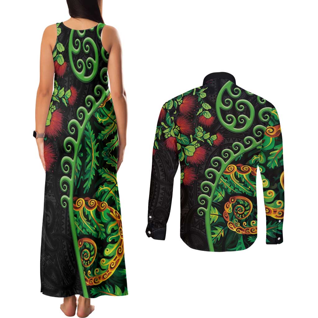 New Zealand Koru Plants and Pohutukawa Couples Matching Tank Maxi Dress and Long Sleeve Button Shirt Maori Tattoo Pattern