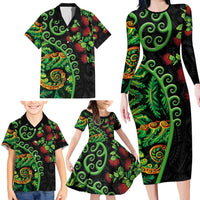 New Zealand Koru Plants and Pohutukawa Family Matching Long Sleeve Bodycon Dress and Hawaiian Shirt Maori Tattoo Pattern