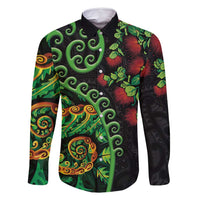 New Zealand Koru Plants and Pohutukawa Family Matching Long Sleeve Bodycon Dress and Hawaiian Shirt Maori Tattoo Pattern