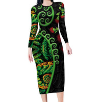 New Zealand Koru Plants and Pohutukawa Family Matching Long Sleeve Bodycon Dress and Hawaiian Shirt Maori Tattoo Pattern