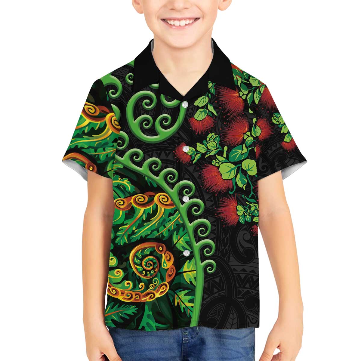 New Zealand Koru Plants and Pohutukawa Family Matching Off The Shoulder Long Sleeve Dress and Hawaiian Shirt Maori Tattoo Pattern