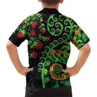 New Zealand Koru Plants and Pohutukawa Family Matching Puletasi and Hawaiian Shirt Maori Tattoo Pattern