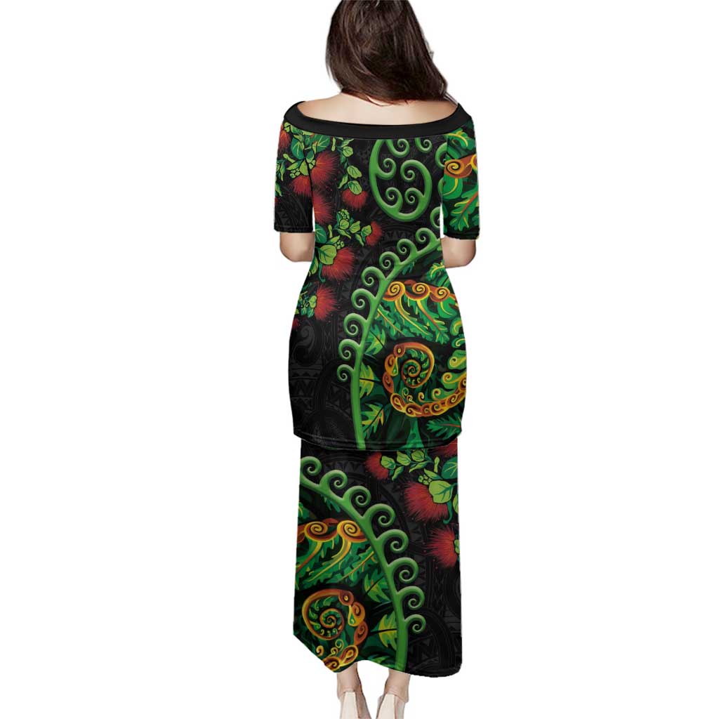 New Zealand Koru Plants and Pohutukawa Family Matching Puletasi and Hawaiian Shirt Maori Tattoo Pattern