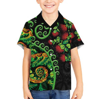 New Zealand Koru Plants and Pohutukawa Family Matching Short Sleeve Bodycon Dress and Hawaiian Shirt Maori Tattoo Pattern