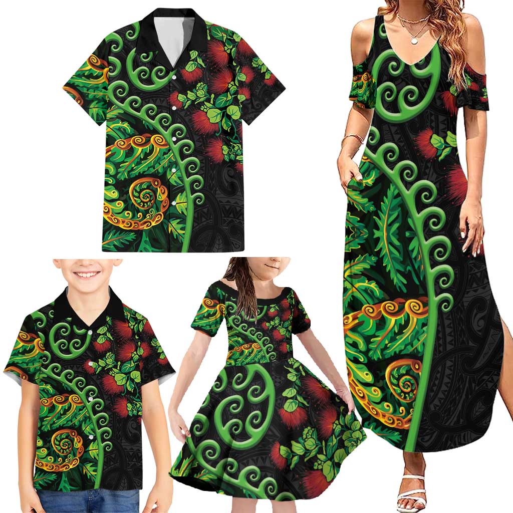 New Zealand Koru Plants and Pohutukawa Family Matching Summer Maxi Dress and Hawaiian Shirt Maori Tattoo Pattern
