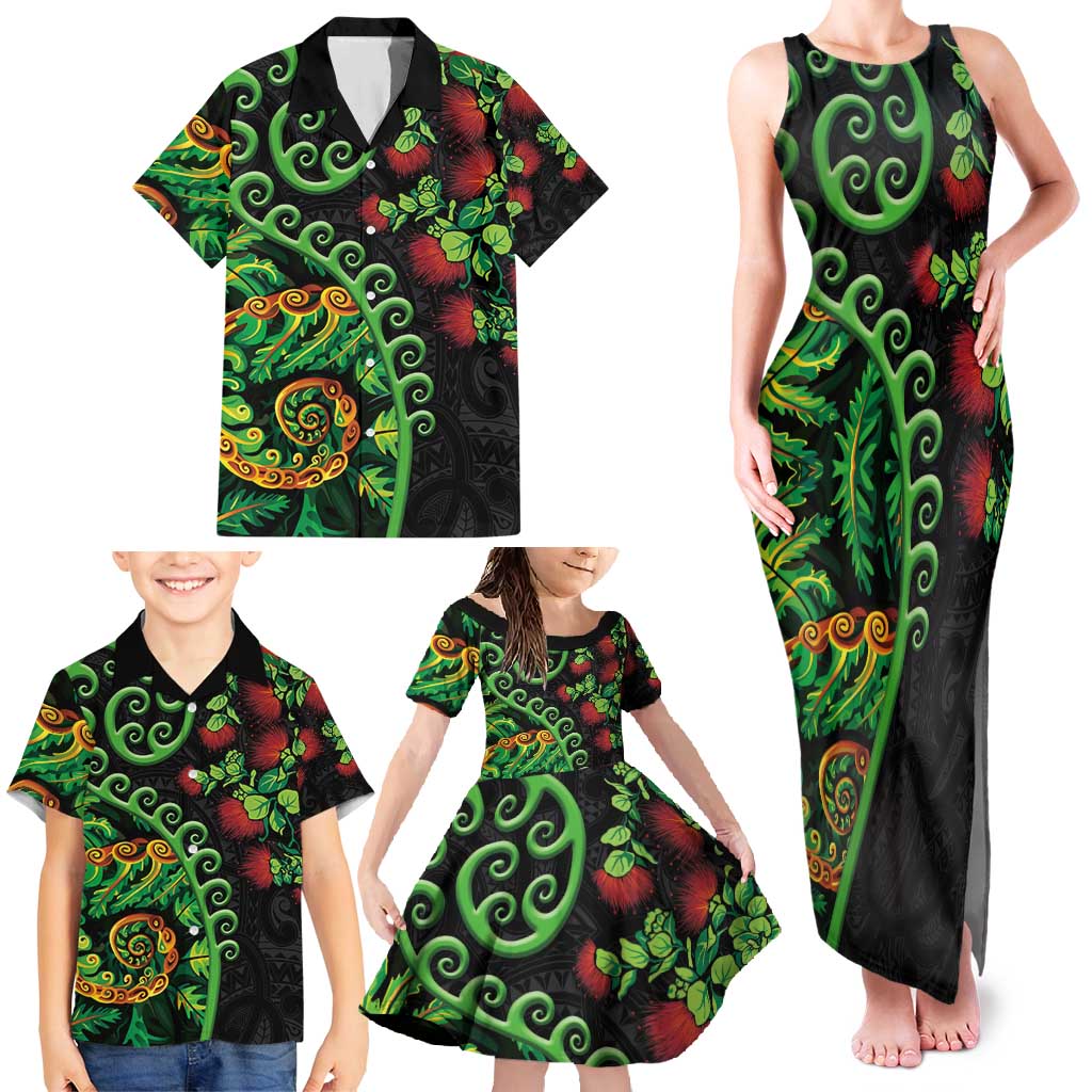 New Zealand Koru Plants and Pohutukawa Family Matching Tank Maxi Dress and Hawaiian Shirt Maori Tattoo Pattern