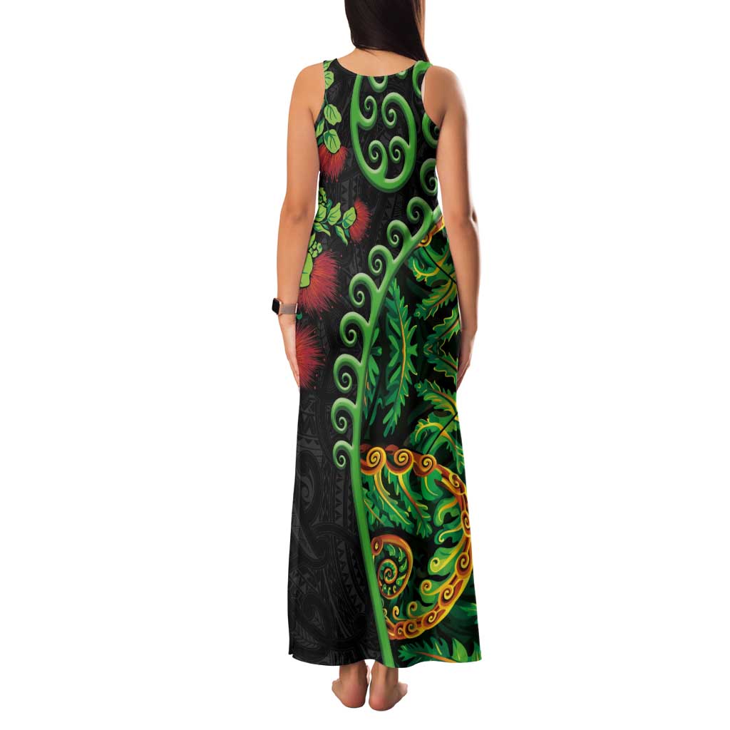 New Zealand Koru Plants and Pohutukawa Family Matching Tank Maxi Dress and Hawaiian Shirt Maori Tattoo Pattern