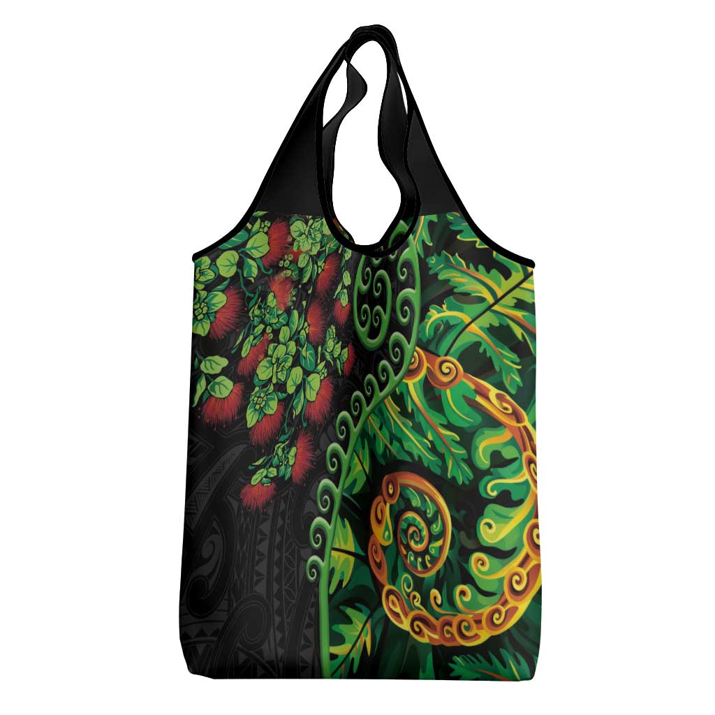 New Zealand Koru Plants and Pohutukawa Grocery Bag Maori Tattoo Pattern