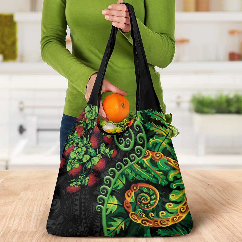 New Zealand Koru Plants and Pohutukawa Grocery Bag Maori Tattoo Pattern