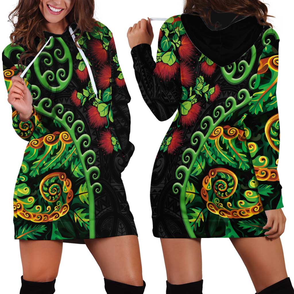 New Zealand Koru Plants and Pohutukawa Hoodie Dress Maori Tattoo Pattern