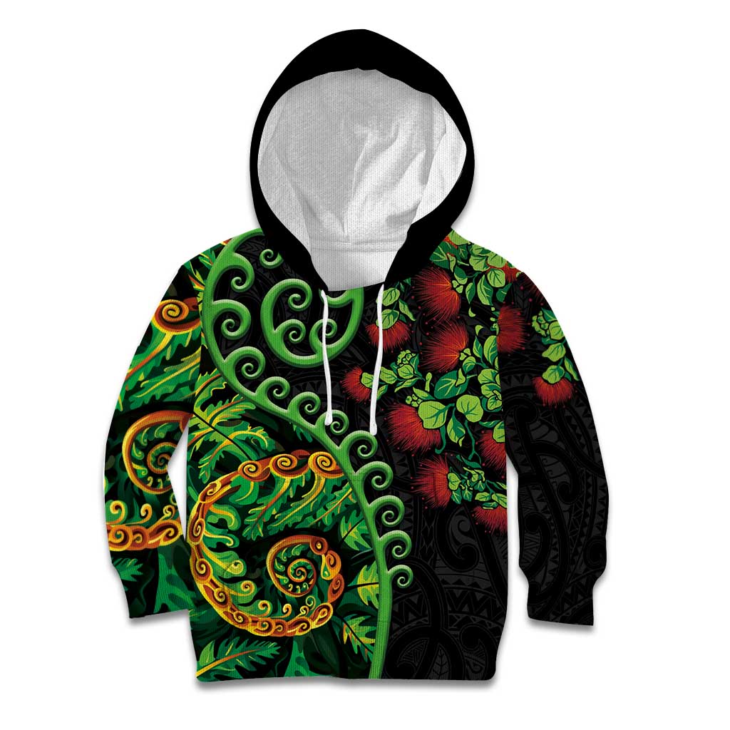 New Zealand Koru Plants and Pohutukawa Kid Hoodie Maori Tattoo Pattern