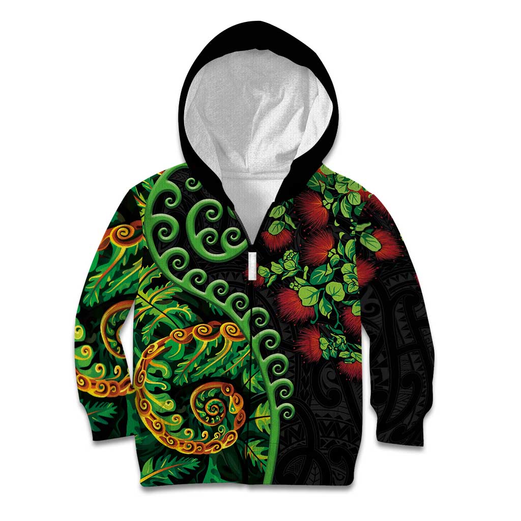 New Zealand Koru Plants and Pohutukawa Kid Hoodie Maori Tattoo Pattern