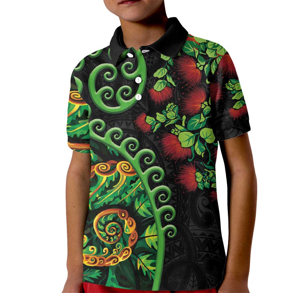 New Zealand Koru Plants and Pohutukawa Kid Polo Shirt Maori Tattoo Pattern