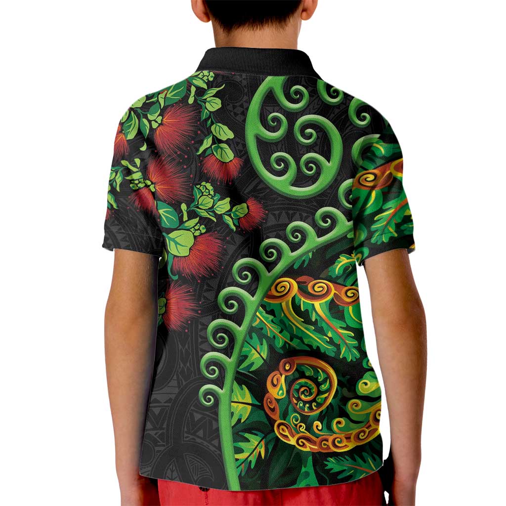 New Zealand Koru Plants and Pohutukawa Kid Polo Shirt Maori Tattoo Pattern