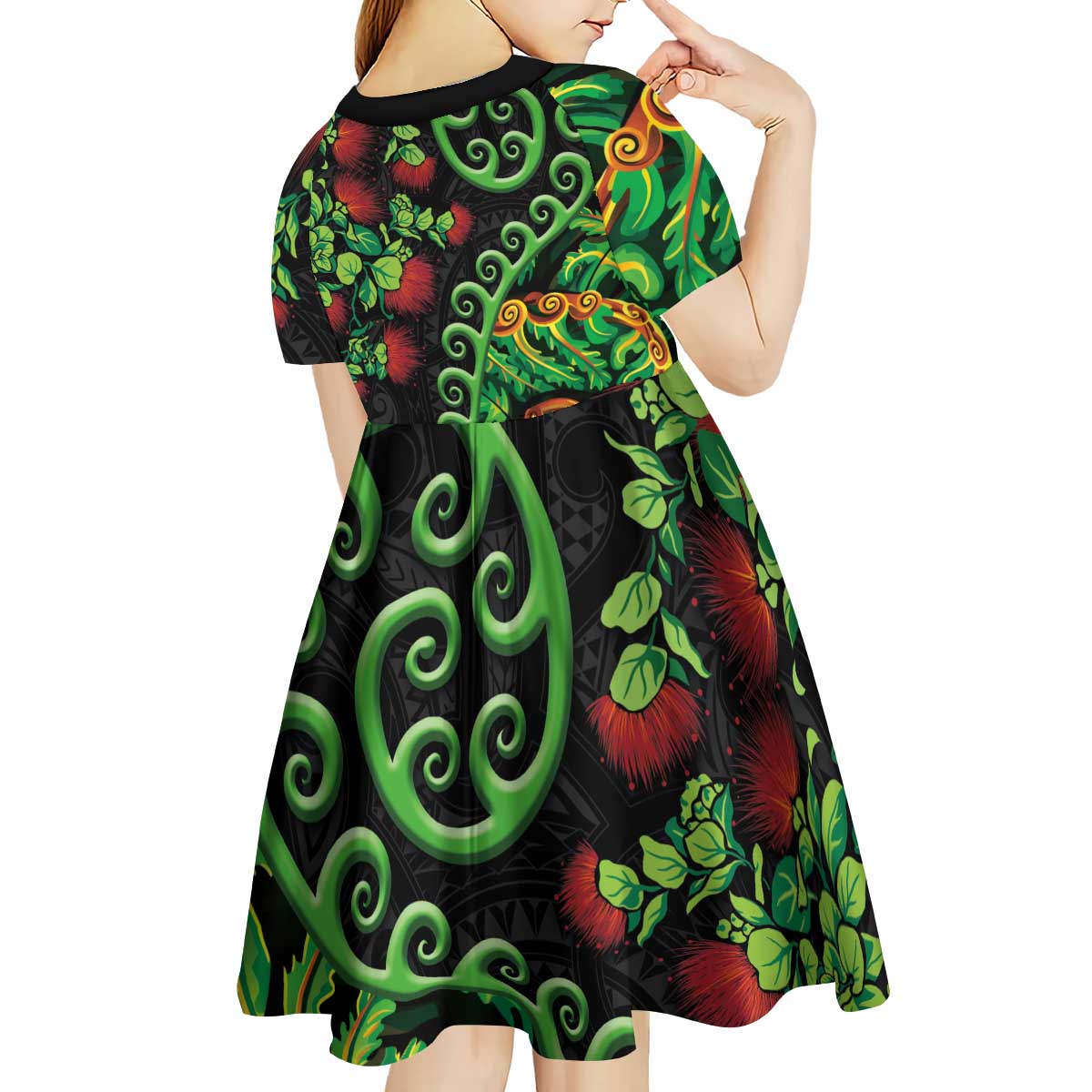 New Zealand Koru Plants and Pohutukawa Kid Short Sleeve Dress Maori Tattoo Pattern
