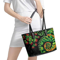 New Zealand Koru Plants and Pohutukawa Leather Tote Bag Maori Tattoo Pattern