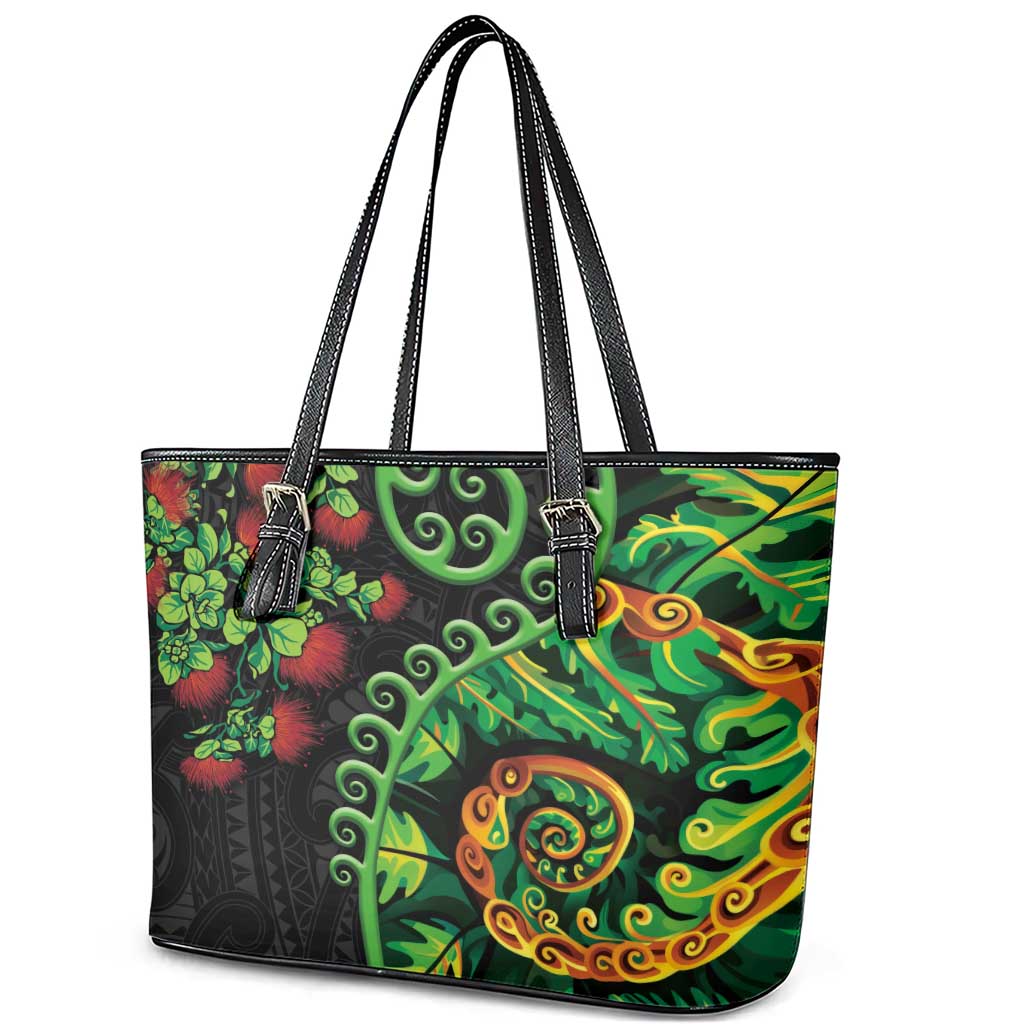 New Zealand Koru Plants and Pohutukawa Leather Tote Bag Maori Tattoo Pattern