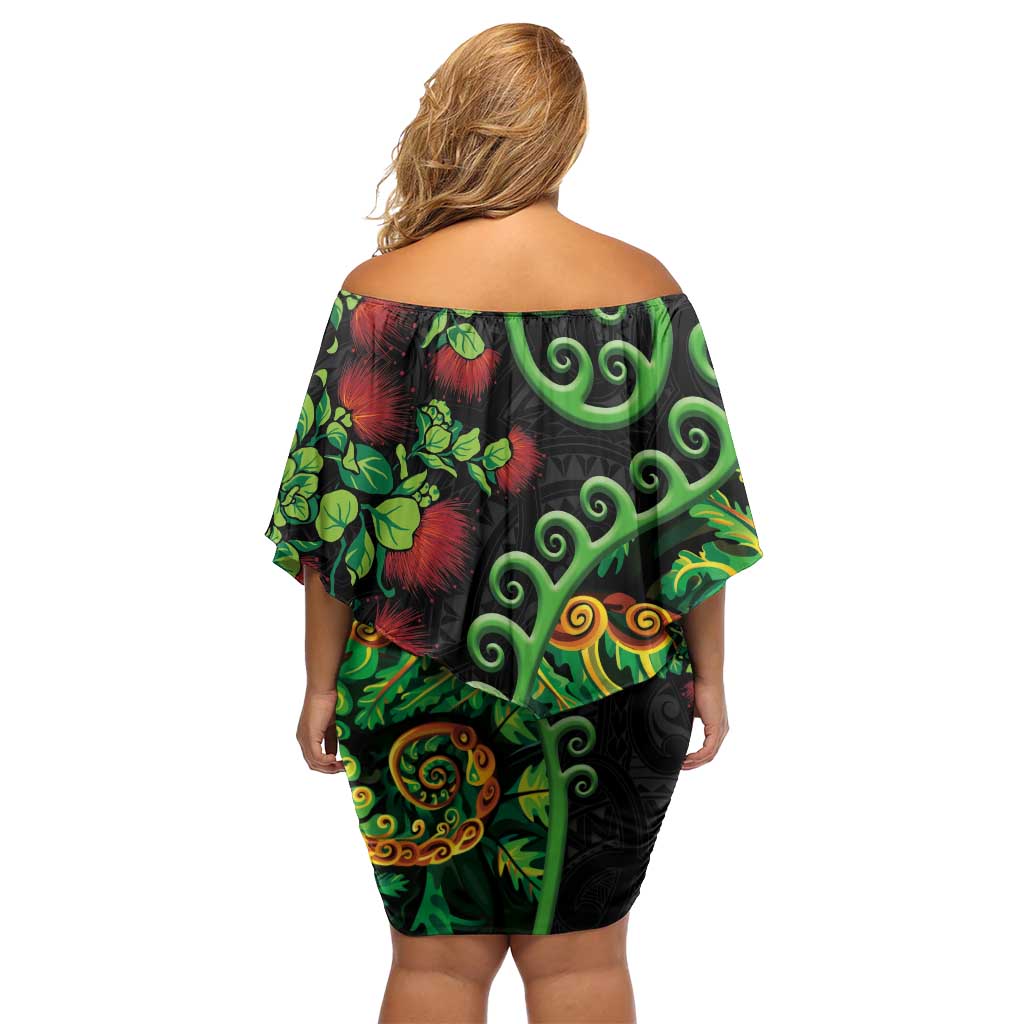 New Zealand Koru Plants and Pohutukawa Off Shoulder Short Dress Maori Tattoo Pattern