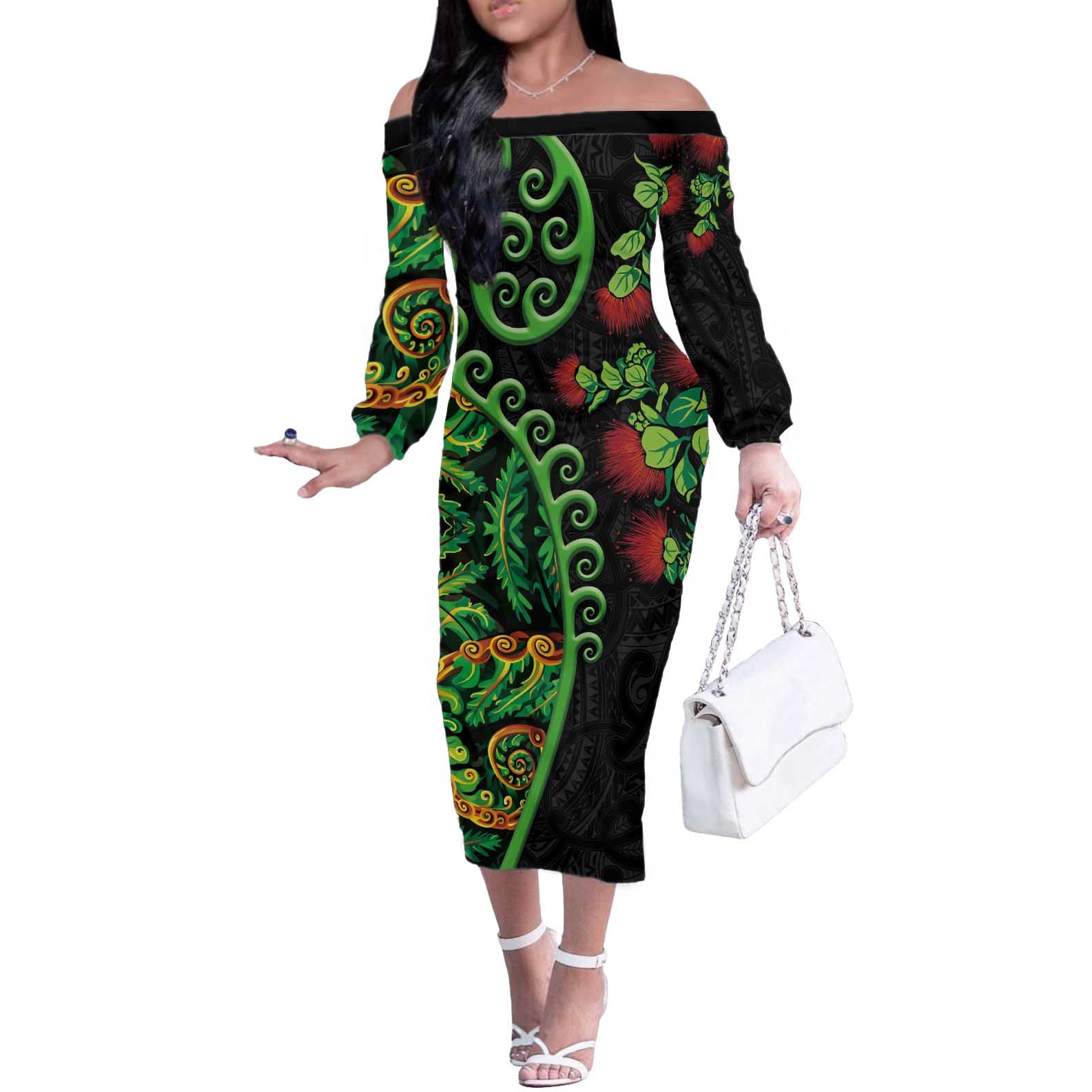 New Zealand Koru Plants and Pohutukawa Off The Shoulder Long Sleeve Dress Maori Tattoo Pattern