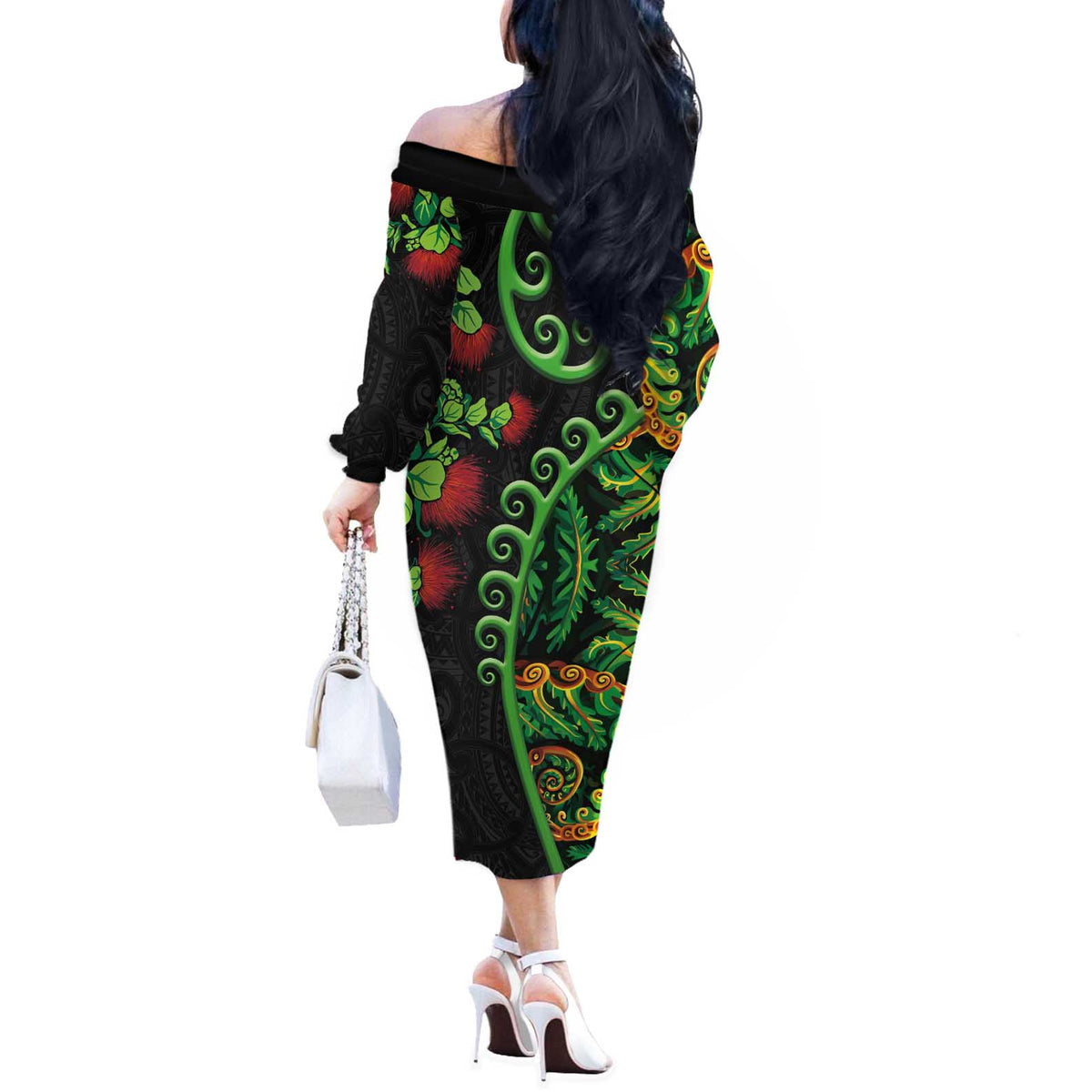 New Zealand Koru Plants and Pohutukawa Off The Shoulder Long Sleeve Dress Maori Tattoo Pattern