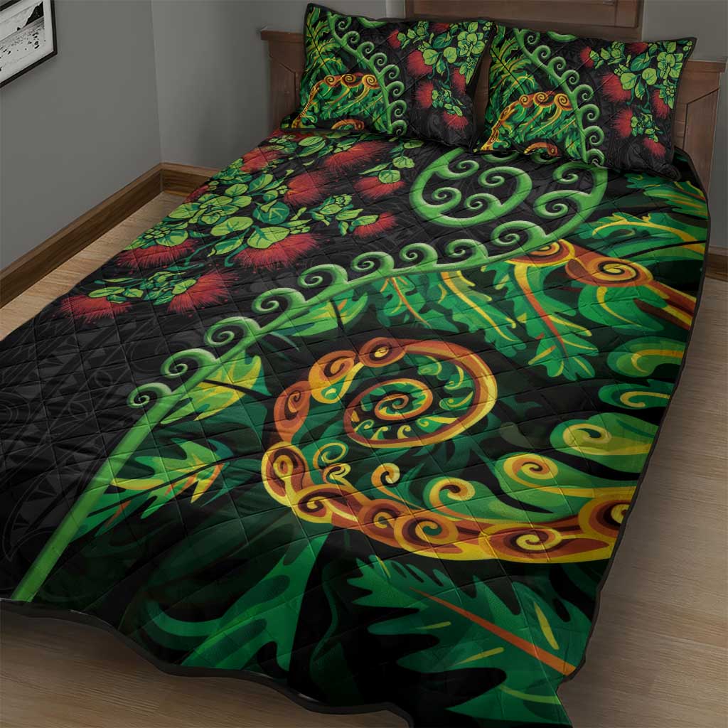 New Zealand Koru Plants and Pohutukawa Quilt Bed Set Maori Tattoo Pattern