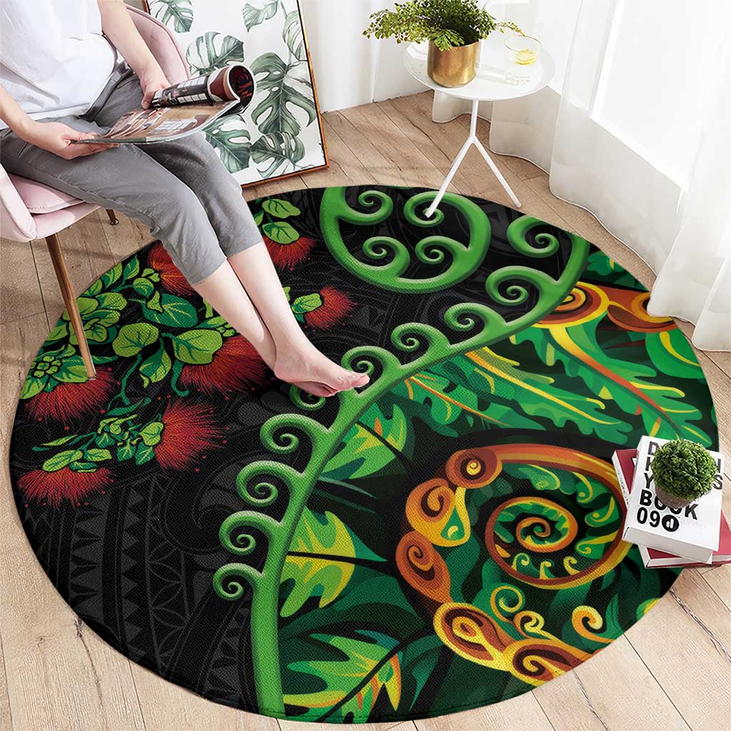 New Zealand Koru Plants and Pohutukawa Round Carpet Maori Tattoo Pattern