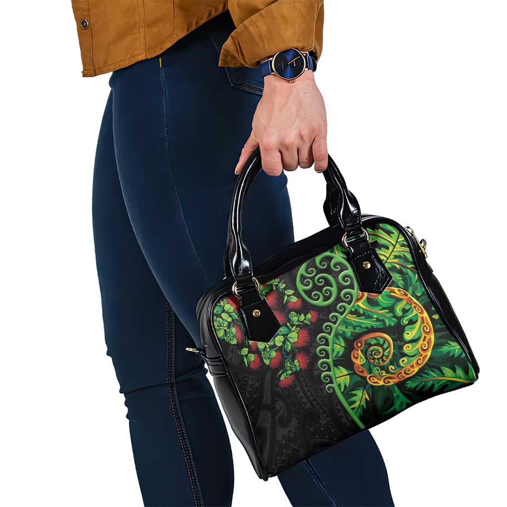 New Zealand Koru Plants and Pohutukawa Shoulder Handbag Maori Tattoo Pattern