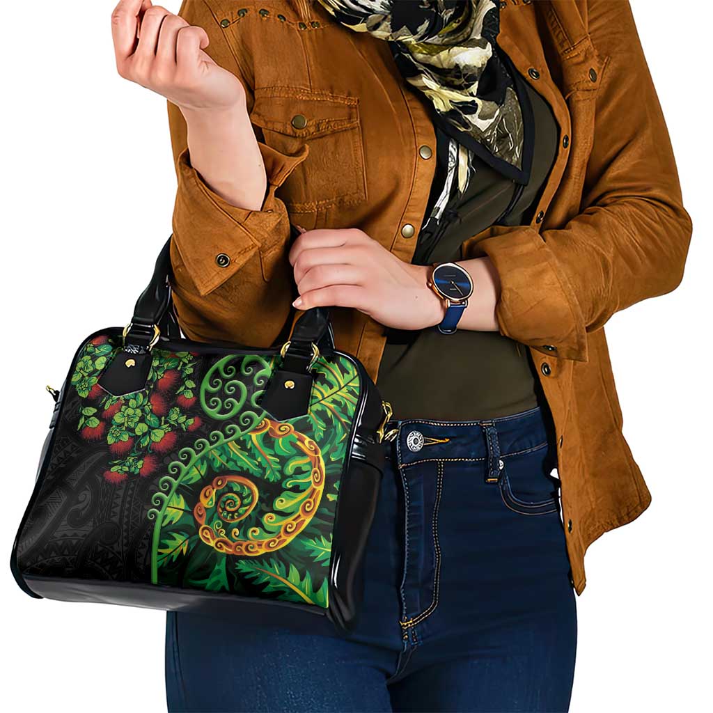 New Zealand Koru Plants and Pohutukawa Shoulder Handbag Maori Tattoo Pattern