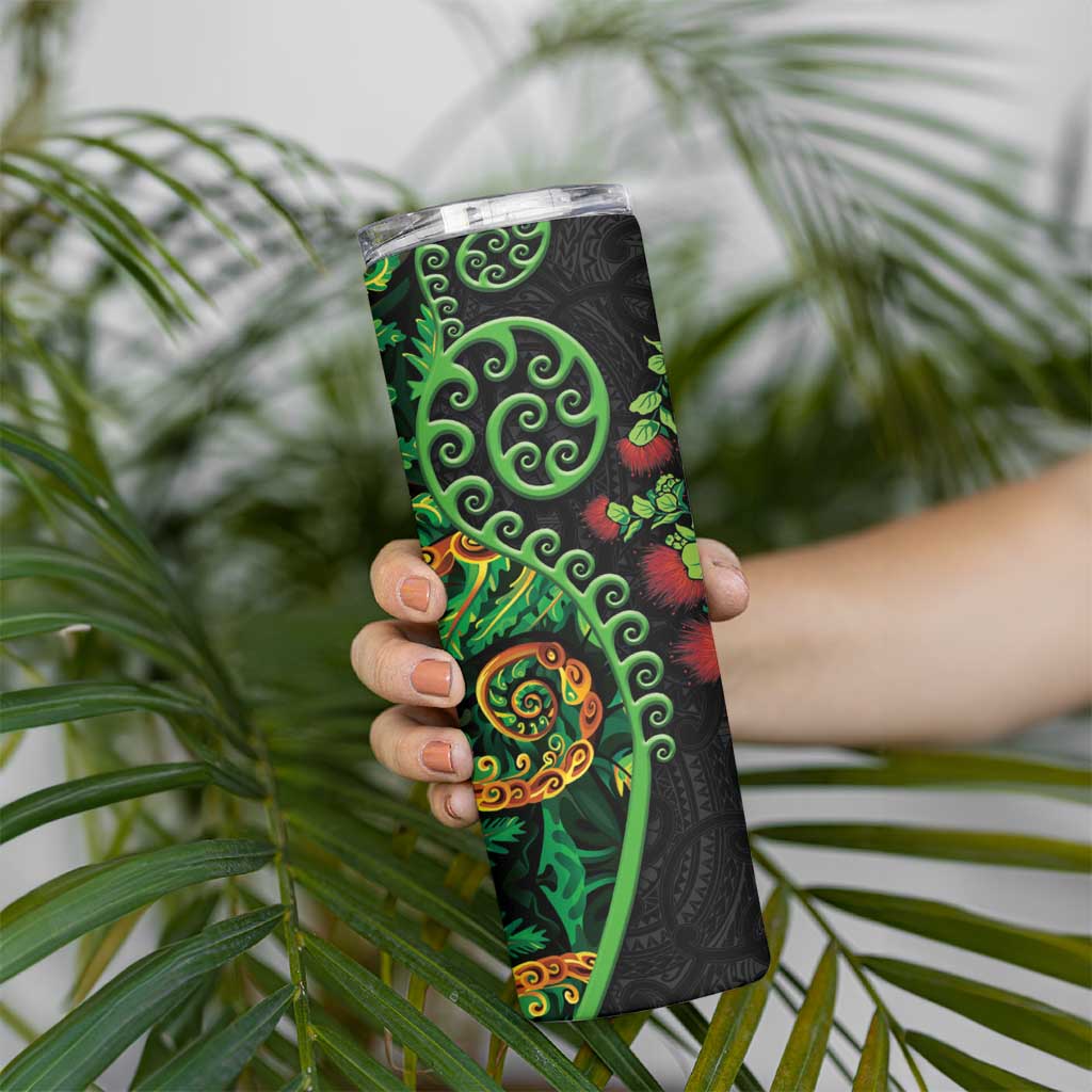 New Zealand Koru Plants and Pohutukawa Skinny Tumbler Maori Tattoo Pattern