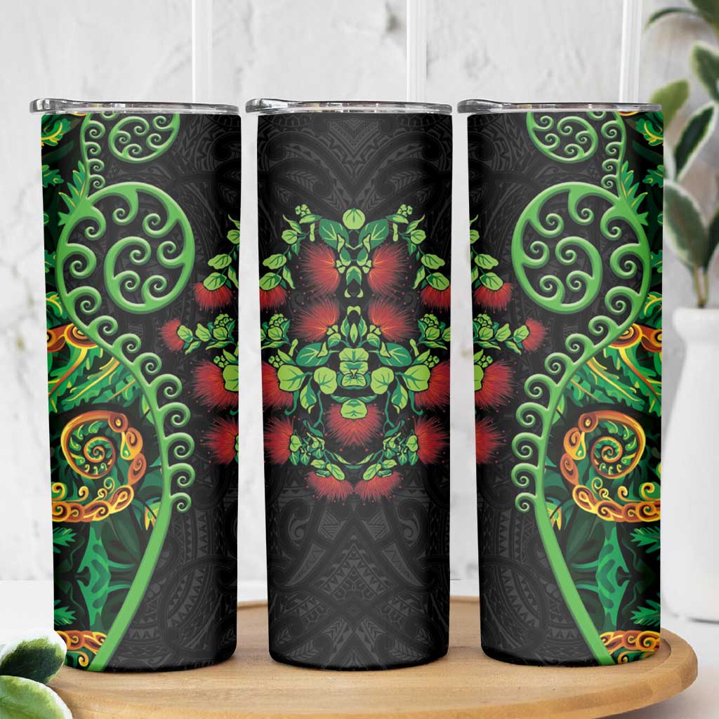 New Zealand Koru Plants and Pohutukawa Skinny Tumbler Maori Tattoo Pattern