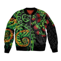 New Zealand Koru Plants and Pohutukawa Sleeve Zip Bomber Jacket Maori Tattoo Pattern