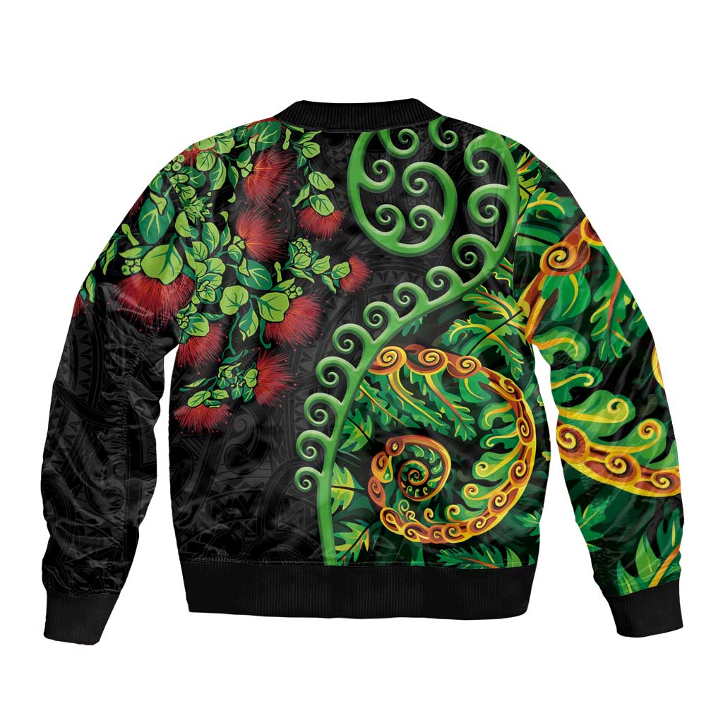 New Zealand Koru Plants and Pohutukawa Sleeve Zip Bomber Jacket Maori Tattoo Pattern