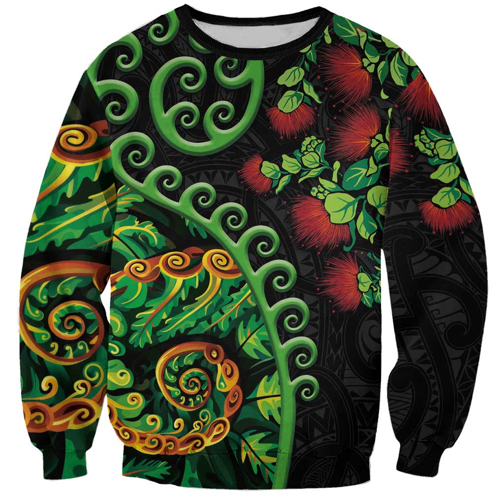 New Zealand Koru Plants and Pohutukawa Sweatshirt Maori Tattoo Pattern