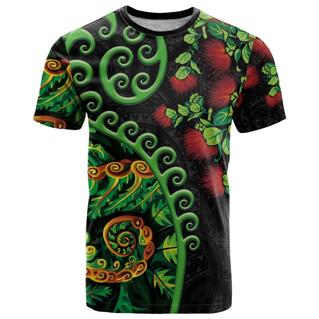 New Zealand Koru Plants and Pohutukawa T Shirt Maori Tattoo Pattern