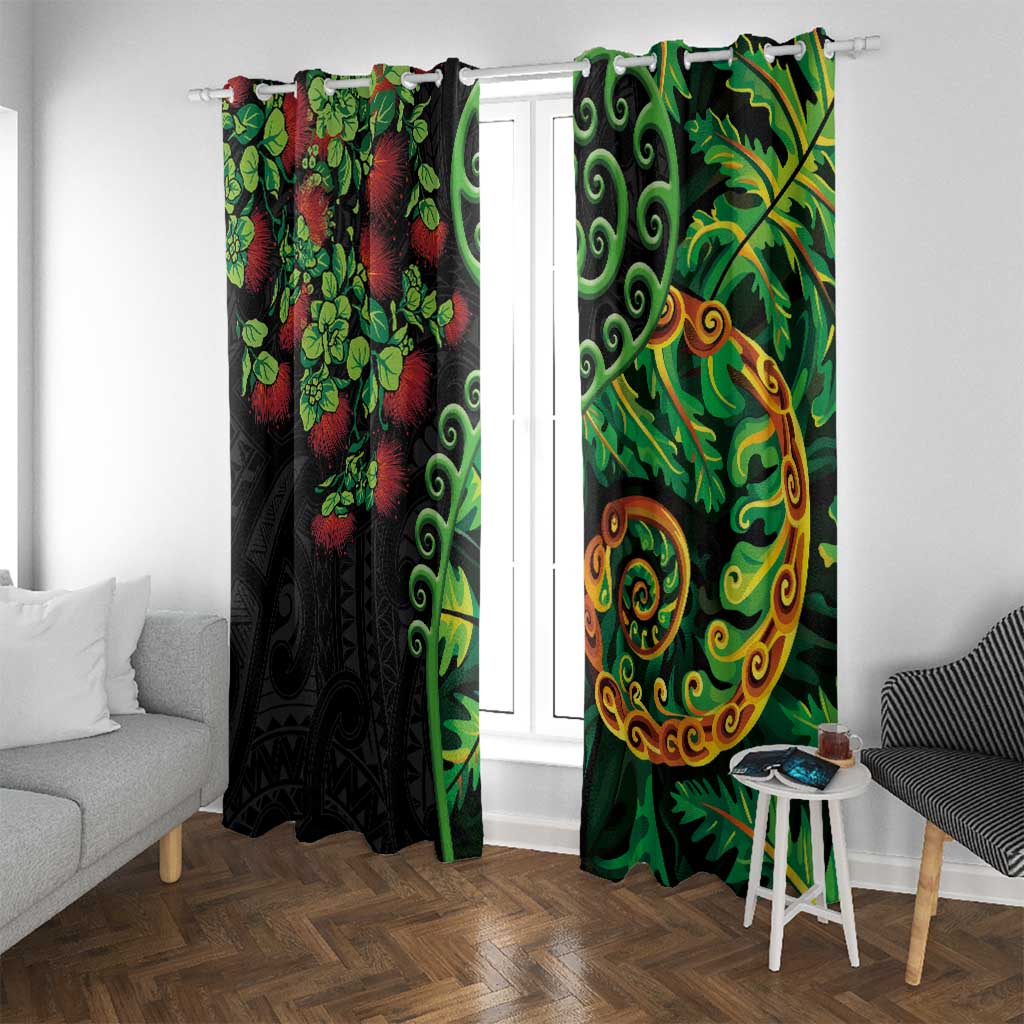 New Zealand Koru Plants and Pohutukawa Window Curtain Maori Tattoo Pattern