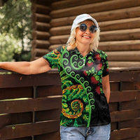 New Zealand Koru Plants and Pohutukawa Women Polo Shirt Maori Tattoo Pattern