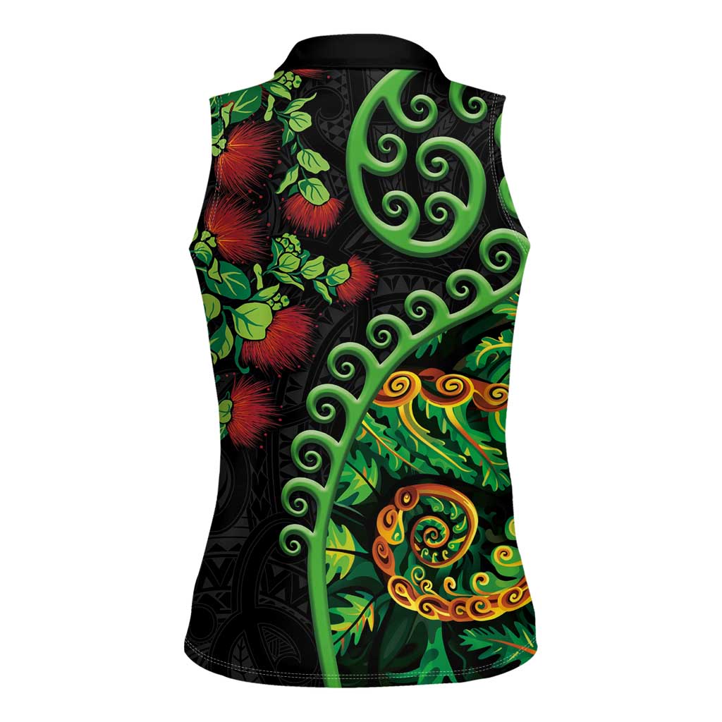 New Zealand Koru Plants and Pohutukawa Women Sleeveless Polo Shirt Maori Tattoo Pattern
