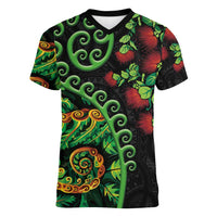 New Zealand Koru Plants and Pohutukawa Women V-Neck T-Shirt Maori Tattoo Pattern