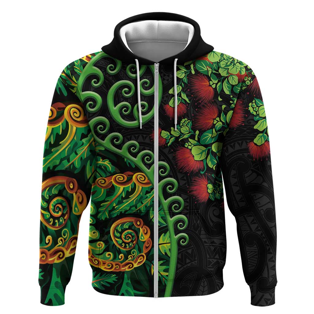 New Zealand Koru Plants and Pohutukawa Zip Hoodie Maori Tattoo Pattern