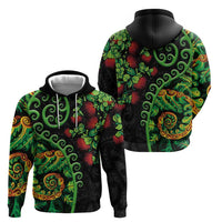New Zealand Koru Plants and Pohutukawa Zip Hoodie Maori Tattoo Pattern